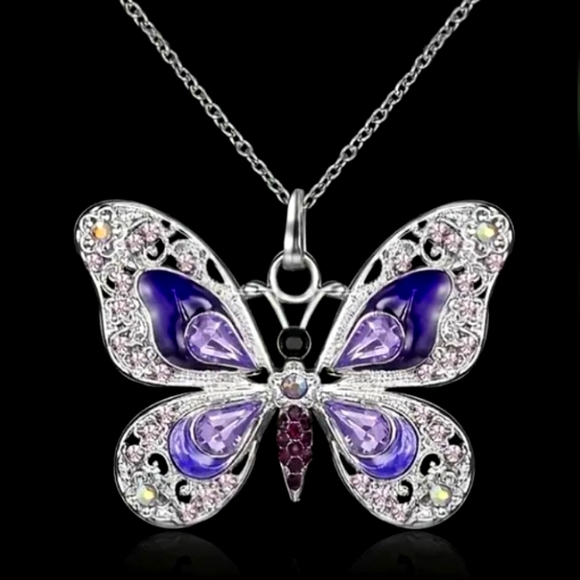 SILVER BUTTERFLY HAND ENAMEL PURPLE / AMETHYST 24 INCH CHAIN 3 in - Picture 2 of 2